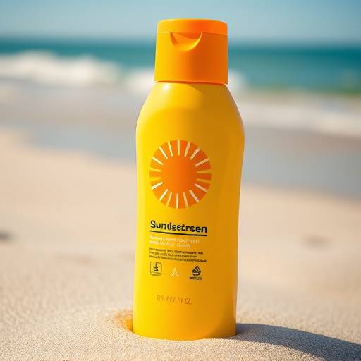 A bottle of sunscreen with a beach in the background