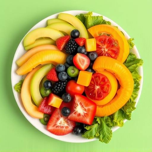 A colorful plate of fruits and vegetables, representing a balanced diet.