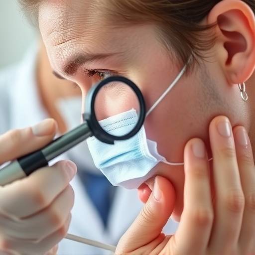 A dermatologist examining a patient's skin with a magnifying glass, showcasing expert skincare consultation at Vitality Bloom Wellness.
