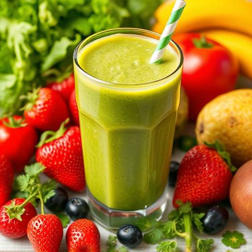 A glass of green smoothie surrounded by fresh fruits and vegetables.