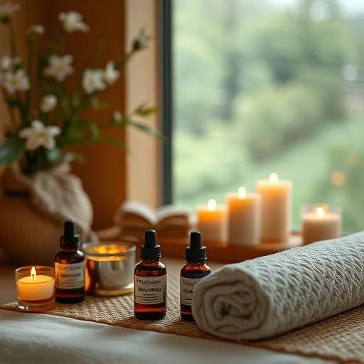 A serene spa setting with essential oils and candles, emphasizing relaxation and self-care for promoting inner peace and wellness.