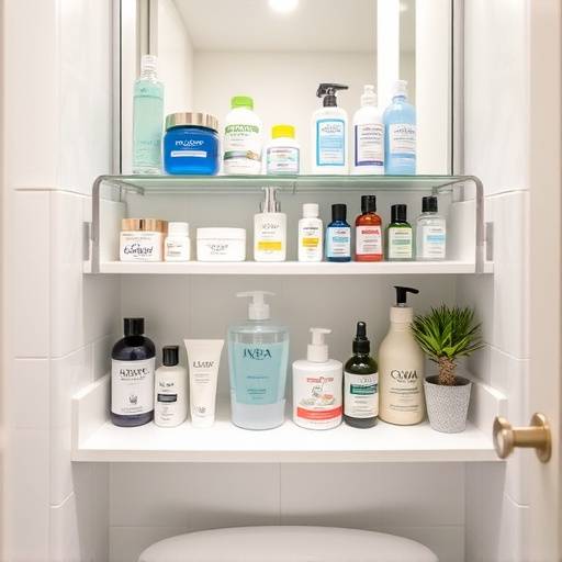 A well-organized shelf of skincare products in a bathroom