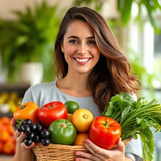 A woman smiling and holding fresh fruits and vegetables