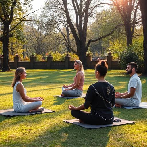 Diverse group of individuals meditating outdoors in a park, representing mindfulness and community support for mental wellness.