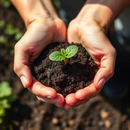 Hands holding a seedling with soil.