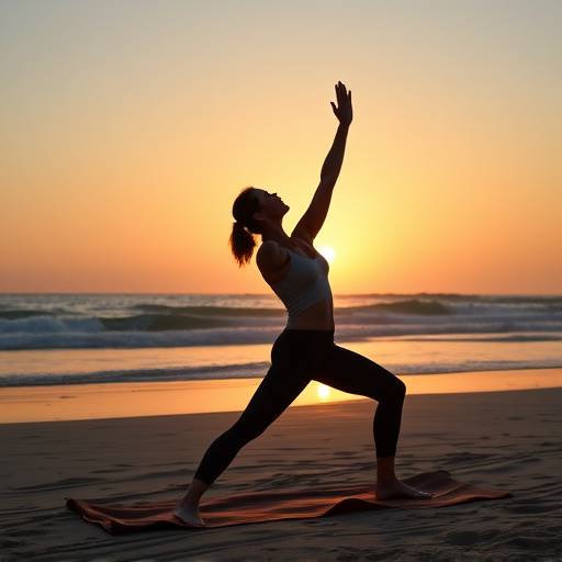 Person doing yoga on a beach at sunrise, promoting fitness and wellness