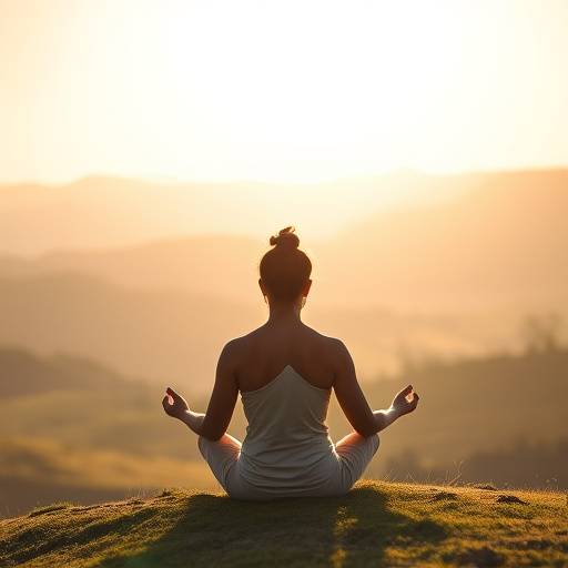 Serene landscape with a person meditating, symbolizing mental wellbeing and peace.