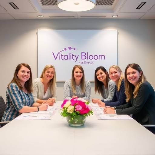 Team members of Vitality Bloom Wellness sitting at a conference table, smiling.