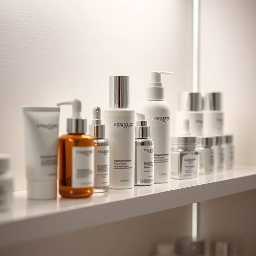 Various skincare products on a shelf.