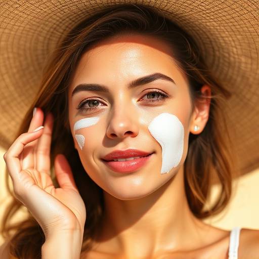 Woman applying sunscreen on her face, emphasizing sun protection