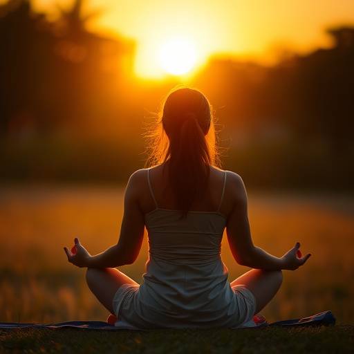 Woman meditating outdoors at sunrise.